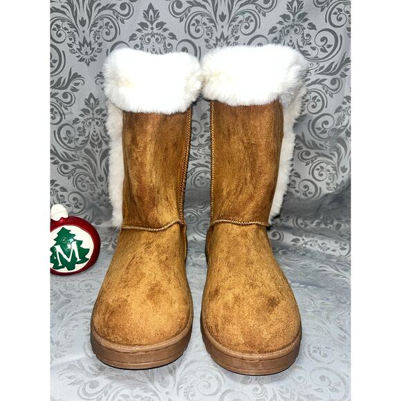 SO Chestnut Suede Fur Trim Tall Boots Sz 9 - Picture 2 of 5